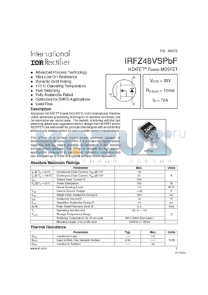 IRFZ48VSPBF datasheet - HEXFET^ Power MOSFET