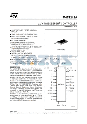 M48T212A datasheet - 3.3V TIMEKEEPER CONTROLLER