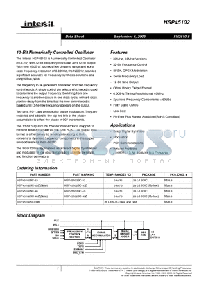 HSP45102 datasheet - 12-Bit Numerically Controlled Oscillator