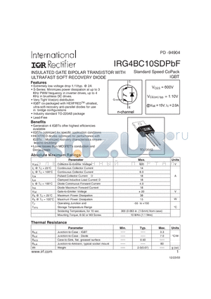 IRG4BC10SDPBF datasheet - INSULATED GATE BIPOLAR TRANSISTOR WITH ULTRAFAST SOFT RECOVERY DIODE