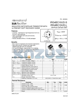 IRG4BC15UD-S datasheet - INSULATED GATE BIPOLAR TRANSISTOR WITH ULTRAFAST SOFT RECOVERY DIODE(Vces=600V, Vce(on)typ.=2.02V, @Vge=15V, Ic=7.8A)