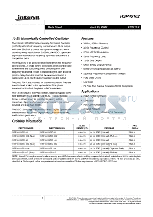 HSP45102 datasheet - 12-Bit Numerically Controlled Oscillator