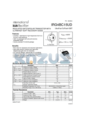 IRG4BC15UD datasheet - INSULATED GATE BIPOLAR TRANSISTOR WITH ULTRAFAST SOFT RECOVERY DIODE(Vces=600V, Vce(on)typ.=2.02V, @Vge=15V, Ic=7.8A)