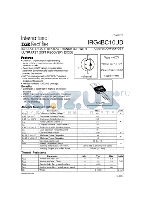 IRG4BC10UD datasheet - INSULATED GATE BIPOLAR TRANSISTOR WITH ULTRAFAST SOFT RECOVERY DIODE(Vces=600V, Vce(on)typ.=2.15V, @Vge=15V, Ic=5.0A)