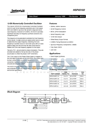 HSP45102PC-40 datasheet - 12-Bit Numerically Controlled Oscillator