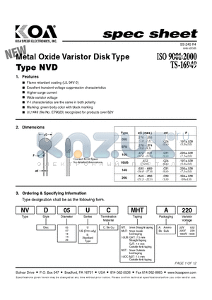 NVD07SC10UB datasheet - Metal Oxide Varistor Disk Type