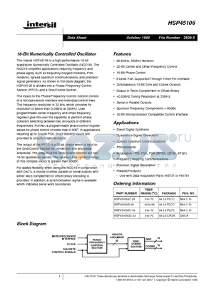 HSP45106 datasheet - 16-Bit Numerically Controlled Oscillator