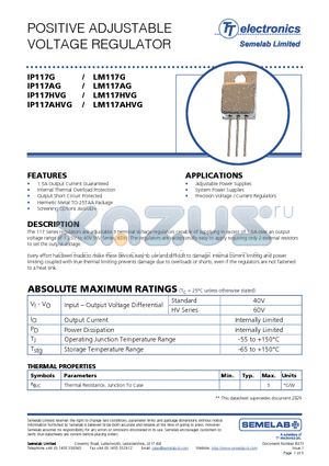 LM117AHVG datasheet - POSITIVE ADJUSTABLE VOLTAGE REGULATOR