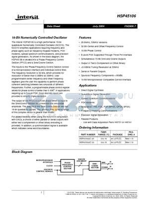 HSP45106 datasheet - 16-Bit Numerically Controlled Oscillator