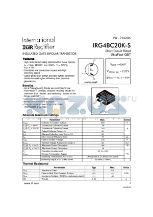 IRG4BC20K-S datasheet - INSULATED GATE BIPOLAR TRANSISTOR(Vces=600V, Vce(on)typ.=2.27V, @Vge=15V, Ic=9.0A)