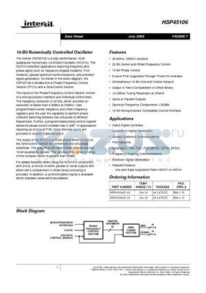 HSP45106JC-25 datasheet - 16-Bit Numerically Controlled Oscillator
