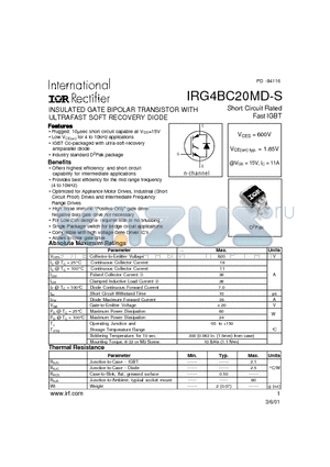 IRG4BC20MD-S datasheet - INSULATED GATE BIPOLAR TRANSISTOR WITH ULTRAFAST SOFT RECOVERY DIODE(Vces=600V, Vce(on)typ.=1.85V, @Vge=15V, Ic=11A)