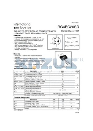 IRG4BC20SD datasheet - INSULATED GATE BIPOLAR TRANSISTOR WITH ULTRAFAST SOFT RECOVERY DIODE(Vces=600V, Vce(on)typ.=1.4V, @Vge=15V, Ic=10A)