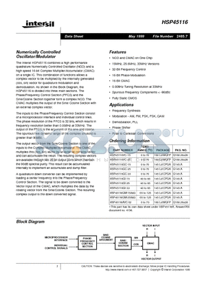 HSP45116 datasheet - Numerically Controlled Oscillator/Modulator