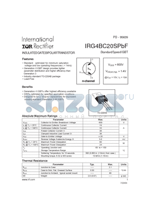 IRG4BC20SPBF datasheet - INSULATED GATE BIPOLAR TRANSISTOR