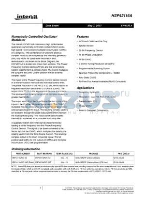 HSP45116AVC-52 datasheet - Numerically Controlled Oscillator/Modulator