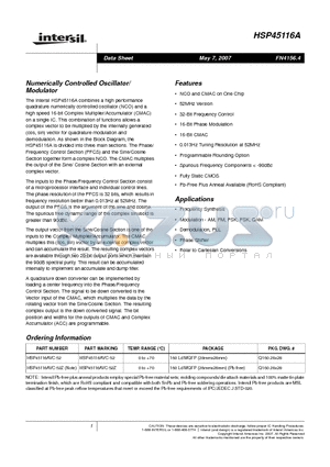 HSP45116AVC-52Z datasheet - Numerically Controlled Oscillator/Modulator