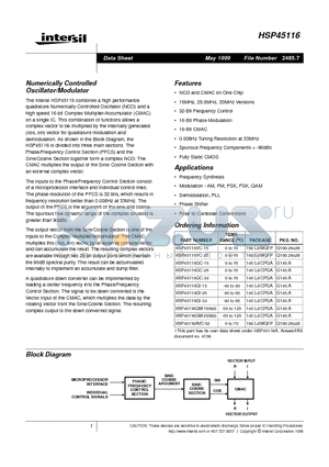 HSP45116AVC-52 datasheet - Numerically Controlled Oscillator/Modulator