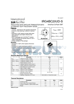 IRG4BC20UD-S datasheet - INSULATED GATE BIPOLAR TRANSISTOR WITH ULTRAFAST SOFT RECOVERY DIODE(Vces=600V, Vce(on)typ.=1.85V, @Vge=15V, Ic=6.5A)