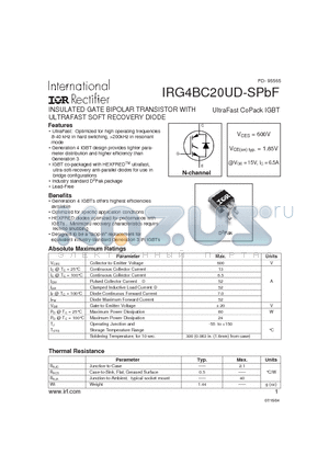 IRG4BC20UD-SPBF datasheet - INSULATED GATE BIPOLAR TRANSISTOR WITH ULTRAFAST SOFT RECOVERY DIODE