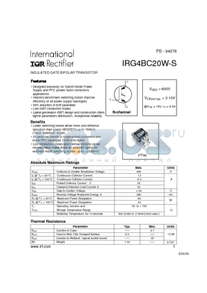 IRG4BC20WS datasheet - INSULATED GATE BIPOLAR TRANSISTOR(Vces=600V, Vce(on)typ.=2.16V, @Vge=15V, Ic=6.5A)