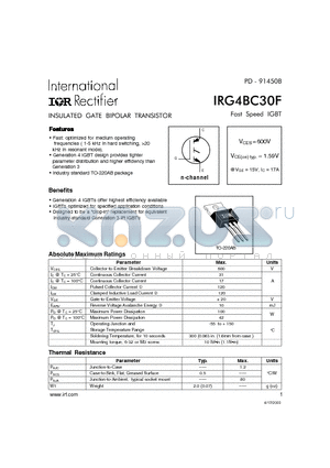 IRG4BC30 datasheet - INSULATED GATE BIPOLAR TRANSISTOR(Vces=600V, Vce(on)typ.=1.59V, @Vge=15V, Ic=17A)