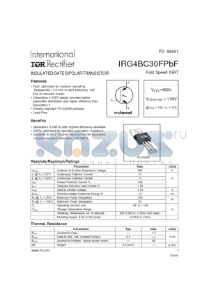 IRG4BC30FPBF datasheet - Fast Speed IGBT INSULATED GATE BIPOLAR TRANSISTOR