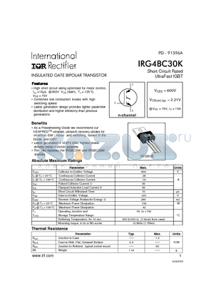 IRG4BC30K datasheet - INSULATED GATE BIPOLAR TRANSISTOR(Vces=600V, Vce(on)typ.=2.21V, @Vge=15V, Ic=16A)