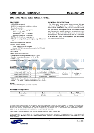 K4M51163LC-BG1L datasheet - 8M x 16Bit x 4 Banks Mobile SDRAM in 54FBGA