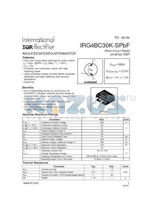 IRG4BC30K-SPBF datasheet - INSULATED GATE BIPOLAR TRANSISTOR Short Ciruit Rated UltraFast IGBT