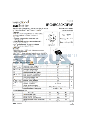 IRG4BC30KDPBF datasheet - INSULATED GATE BIPOLAR TRANSISTOR WITH ULTRAFAST SOFT RECOVERY DIODE Short Circuit Rated UltraFast 1GBT