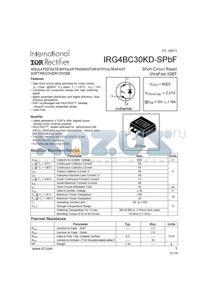 IRG4BC30KD-SPBF datasheet - INSUKATED GATEBIPOLAR TRANSISTOR WITH ULTRAFAST SOFT RECOVERY DIODE