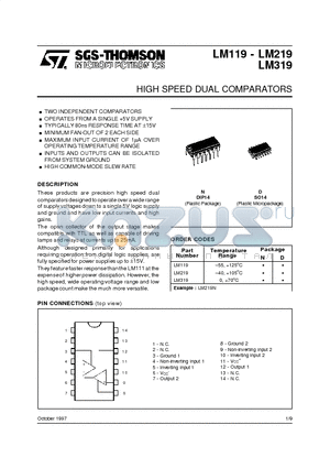 LM119D datasheet - HIGH SPEED DUAL COMPARATORS