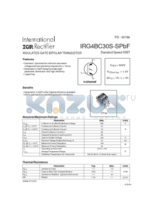 IRG4BC30S-SPBF datasheet - INSULATED GATE BIPOLAR TRANSISTOR Standard Speed IGBT