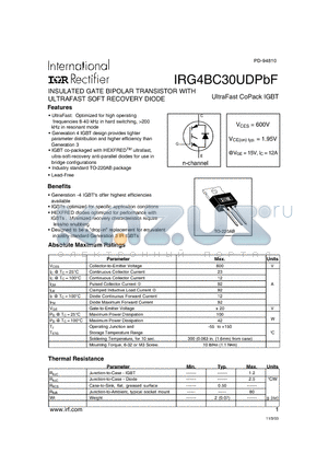 IRG4BC30UDPBF datasheet - INSULATED GATE BIPOLAR TRANSISTOR WITH ULTRAFAST SOFT RECOVERY DIODE UltraFast CoPack IGBT