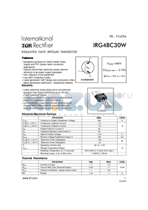 IRG4BC30W datasheet - INSULATED GATE BIPOLAR TRANSISTOR(Vces=600V, Vce(on)max.=2.70V, @Vge=15V, Ic=12A)