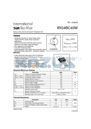 IRG4BC40W datasheet - INSULATED GATE BIPOLAR TRANSISTOR(Vces=600V, Vce(on)typ.=2.05V, @Vge=15V, Ic=20A)