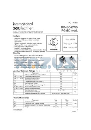 IRG4BC40WS datasheet - INSULATED GATE BIPOLAR TRANSISTOR