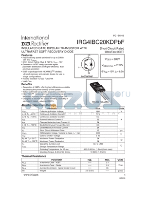 IRG4IBC20KDPBF datasheet - INSULATED GATE BIPOLAR TRANSISTOR WITH ULTRAFAST SOFT RECOVERY DIODE