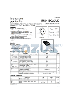 IRG4IBC20UD datasheet - INSULATED GATE BIPOLAR TRANSISTOR WITH ULTRAFAST SOFT RECOVERY DIODE