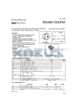IRG4IBC10UDPBF datasheet - INSULATED GATE BIPOLAR TRANSISTOR WITH ULTRAFAST SOFT RECOVERY DIODE UltraFast Co-Pack IGBT