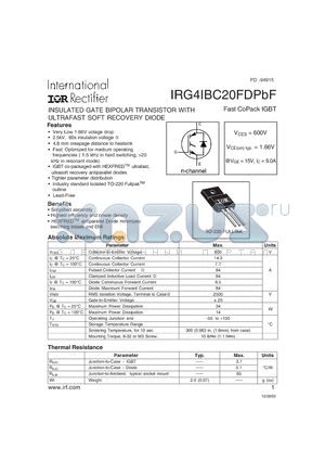 IRG4IBC20FDPBF datasheet - INSULATED GATE BIPOLAR TRANSISTOR WITH ULTRAFAST SOFT RECOVERY DIODE