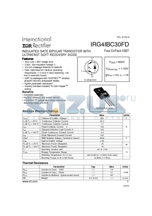 IRG4IBC30F datasheet - INSULATED GATE BIPOLAR TRANSISTOR WITH ULTRAFAST SOFT RECOVERY DIODE