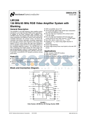 LM1208N datasheet - 130 MHz/85 MHz RGB Video Amplifier System with Blanking