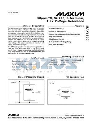 MAX6520EUR-T datasheet - 50ppm/`C, SOT23, 3-Terminal, 1.2V Voltage Reference