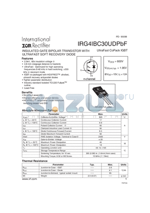 IRG4IBC30UDPBF datasheet - INSULATED GATE BIPOLAR TRANSISTOR WITH ULTRAFAST SOFT RECOVERY DIODE