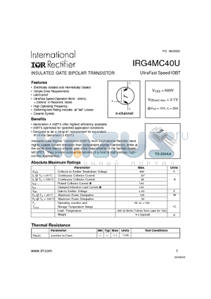 IRG4MC40U datasheet - INSULATED GATE BIPOLAR TRANSISTOR