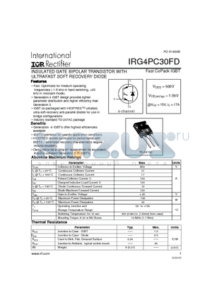 IRG4PC30FD datasheet - INSULATED GATE BIPOLAR TRANSISTOR WITH ULTRAFAST SOFT RECOVERY DIODE(Vces=600V, Vce(on)typ.=1.59V, @Vge=15V, Ic=17A)