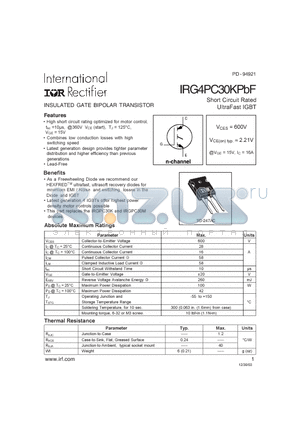 IRG4PC30KPBF datasheet - INSULATED GATE BIPOLAR TRANSISTOR