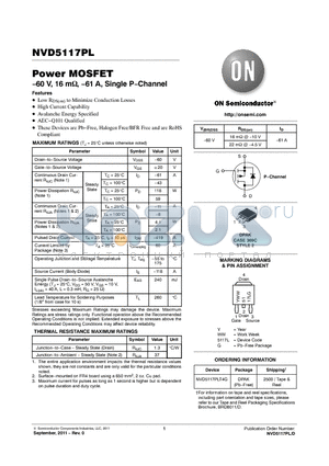 NVD5117PL datasheet - 60 V, 16 m, 61 A, Single PChannel